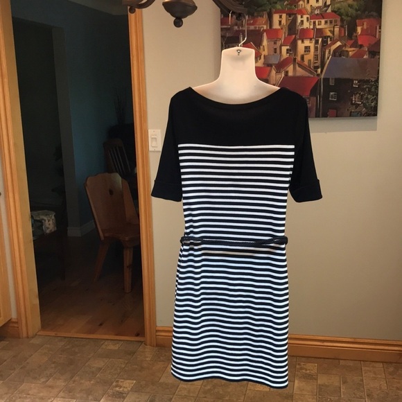 LRL NEW Black and White Striped Belted Cotton Mini Dress Size M Petite - Picture 6 of 15